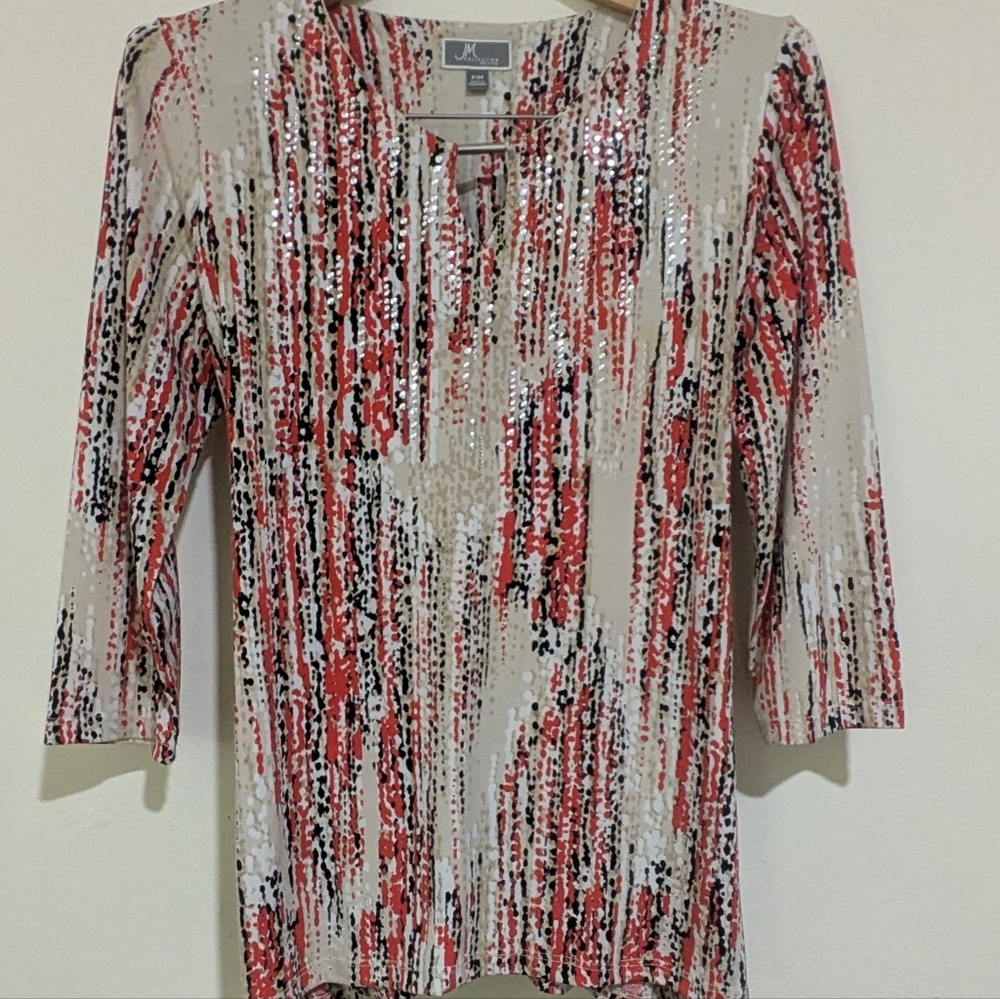 JM Collection Beige, Red, and Black Patterned Blouse